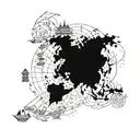 A minimalist outline of a world map with a plane flying over South Korea, incorporating traditional Korean symbols and landmarks tattoo design idea