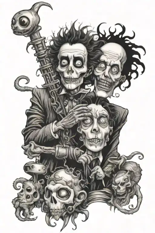 full sleeve Tim Burton characters incorporated tattoo design idea