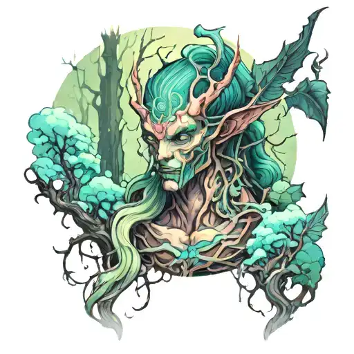 Anime illustration in cold colors of a demon, elven mystical forest environment, intriguing and magical aura, mystical tattoo design idea