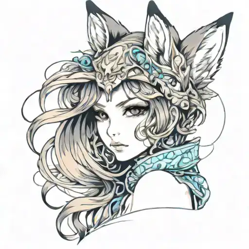 Anime illustration in cold colors of a fox woman, detailed eyes, sad face, beautyfull woman tattoo design idea