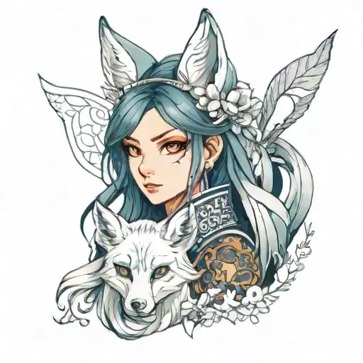 Anime illustration in cold colors of a fox woman, detailed eyes, sad face, beautyfull woman, full body tattoo design idea