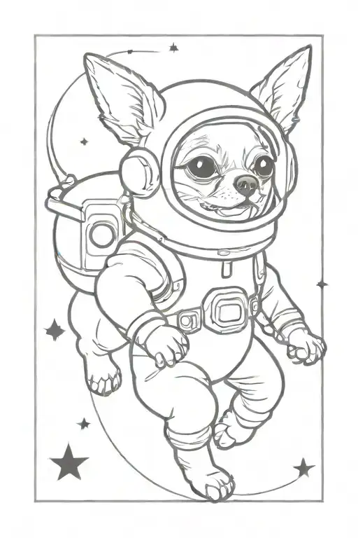 Chihuahua flies into space in a spacesuit. The whole drawing is contour tattoo design idea