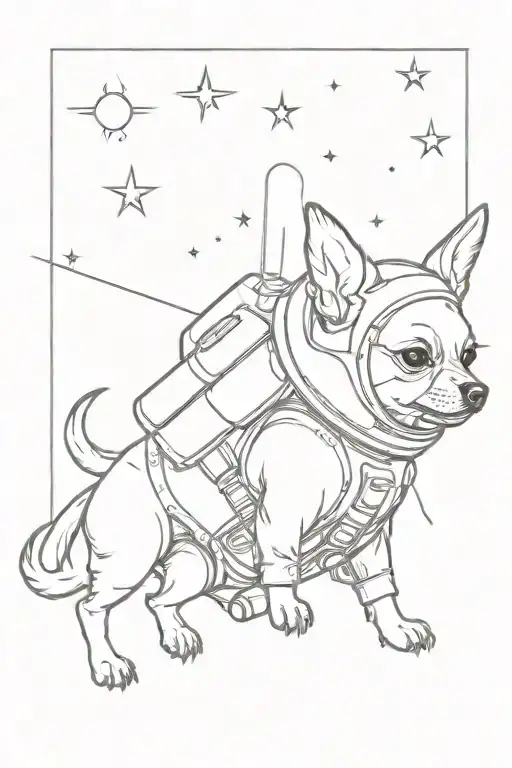 Chihuahua flies into space in a spacesuit. The whole drawing is contour tattoo design idea