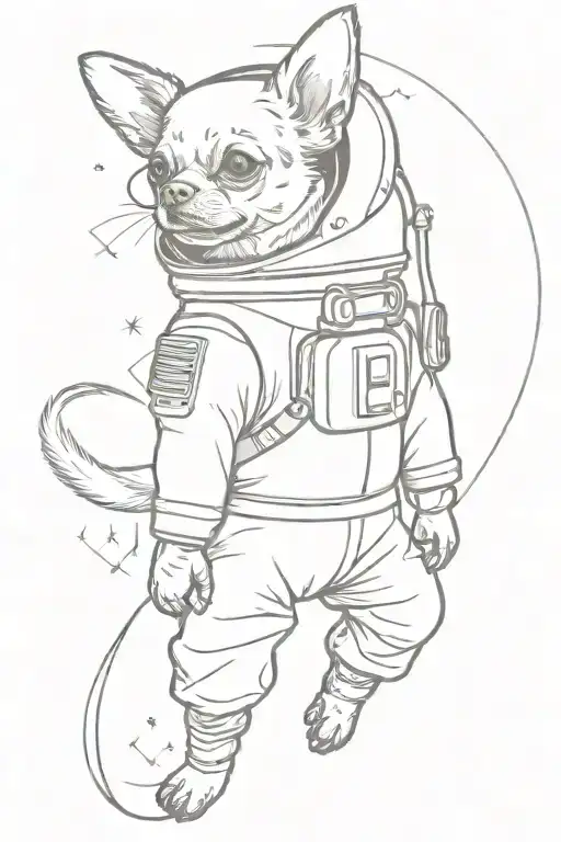 Chihuahua flies into space in a spacesuit. The whole drawing is contour tattoo design idea
