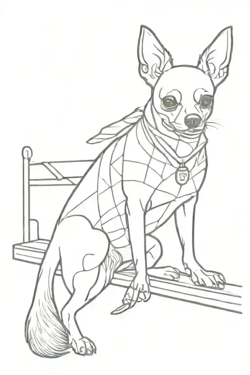 outline Chihuahua dog sitting on a bench in mesh stockings. a bottle of beer in one paw, a lit cigarette in the other tattoo design idea