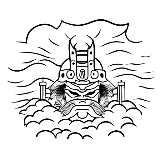 A powerful samurai standing in front of a rising sun, with the Oni mask on his armor tattoo design idea