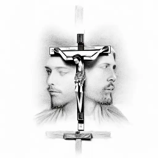 A detailed sketch of a crucifix made entirely out of cigarettes, representing the client's connection between their faith and their vices. tattoo design idea