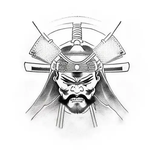 A minimalist tattoo of a Japanese samurai wielding a katana with an Oni mask engraved on the blade tattoo design idea
