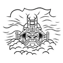 A powerful samurai standing in front of a rising sun, with the Oni mask on his armor tattoo design idea