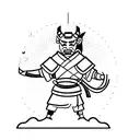 A powerful samurai standing in front of a rising sun, with the Oni mask on his armor tattoo design idea