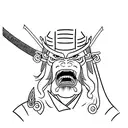 A powerful samurai standing in front of a rising sun, with the Oni mask on his armor tattoo design idea