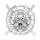 A powerful samurai standing in front of a rising sun, with the Oni mask on his armor tattoo design idea