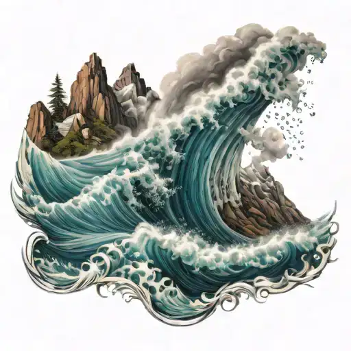 mountains ocean wave crashing tattoo design idea