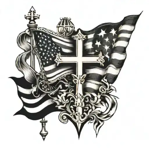 catholic cross and Croatian flag and USA flag waving tattoo design idea