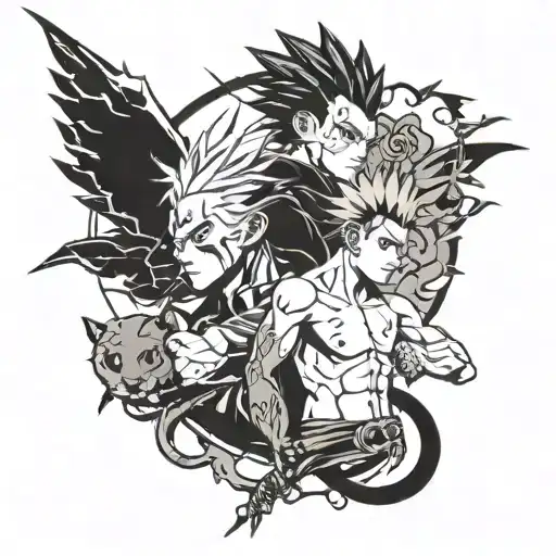 Anime tatto for duos inspired in jujutsu kaisen, naruto, fairy tail, tbate tattoo design idea