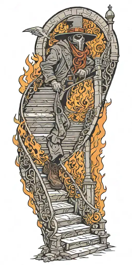stairway to hell, reaper on fire, plague doctor on stairs tattoo design idea