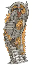 stairway to hell, reaper on fire, plague doctor on stairs tattoo design idea
