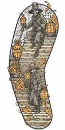 stairway to hell, reaper on fire, plague doctor on stairs tattoo design idea
