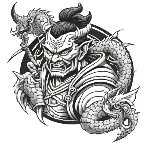 oni samurai with yin and yang tattoo design idea