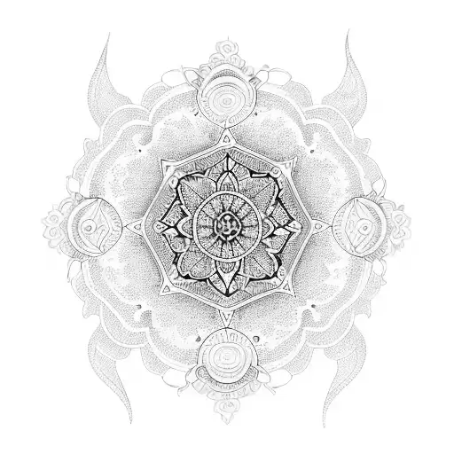 An elaborate mandala design incorporating religious symbols and patterns tattoo design idea