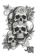 Gemini sign skulls facing eachother with roses around the skulls tattoo design idea