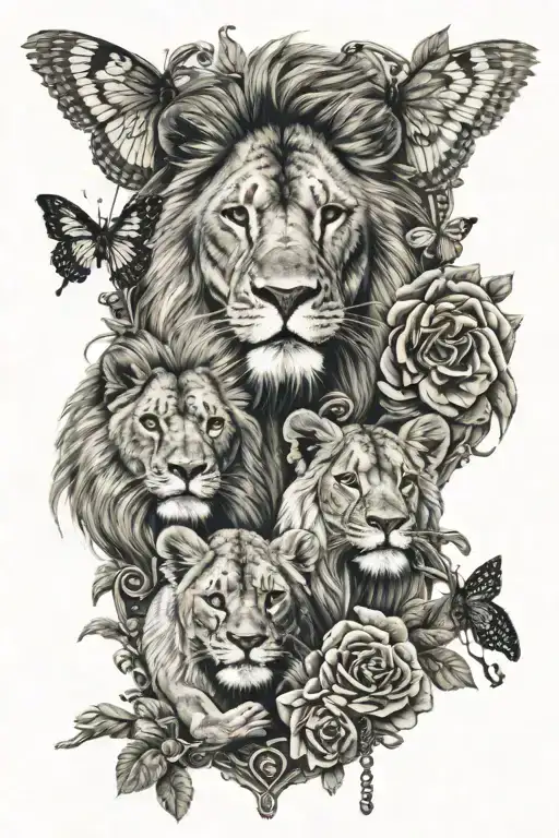 lion lioness 4 lion cubs rose butterfly eagle rosary beads on hand tattoo design idea