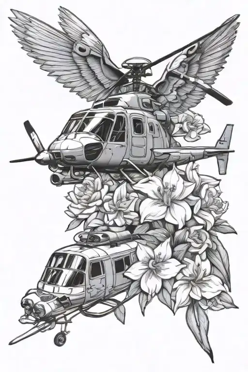 2 swallows, Medusa, a carnations daffodils gladiolus and narcissus bouquet, a 1955 US Air Force helicopter, rays of sun tattoo design idea