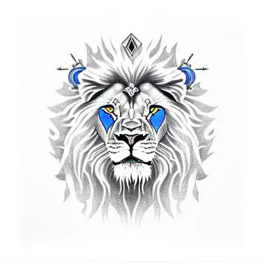 lion head with blue eyes and lightning with samurai inside of the head with armor and a sword tattoo design idea