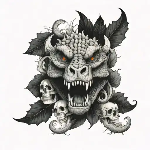 crocodile head in the center, skulls on the sides, leaves, smoke tattoo design idea