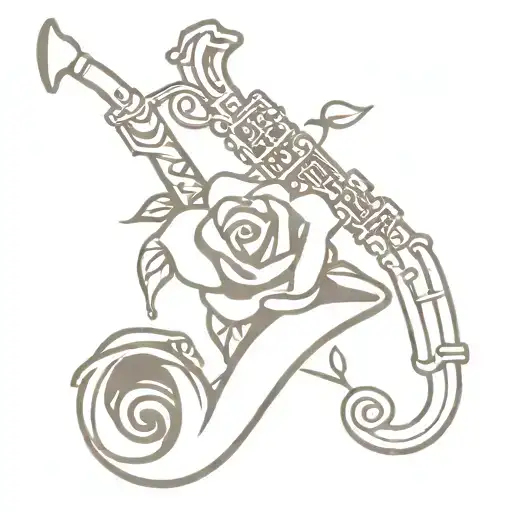 saxophone intertwined with purple rose tattoo design idea