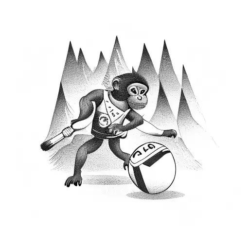 A monkey wearing a handball goalkeeper's uniform, holding construction tools in front of a house with mountains in back tattoo design idea