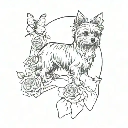 A sketch style tattoo of a yorkie dog sitting on a mountain peak surrounded by roses and butterflies tattoo design idea