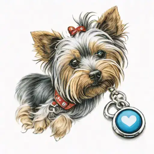 A yorkie dog with a heart-shaped pill as a collar tag, representing your passion for helping others through medication tattoo design idea