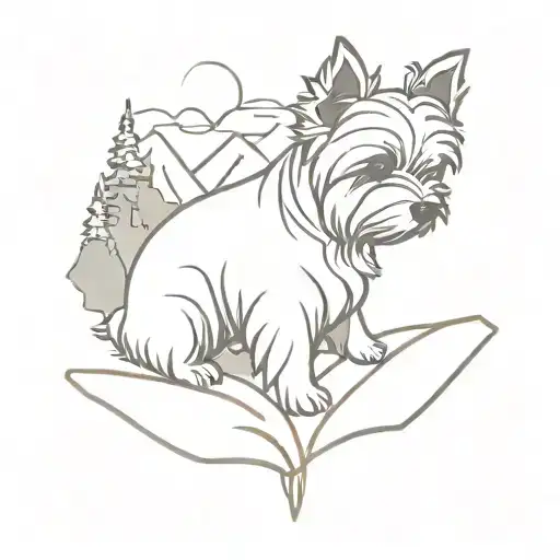 A minimalist design of a yorkie dog reading a book on top of a mountain tattoo design idea