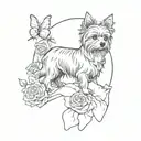 A sketch style tattoo of a yorkie dog sitting on a mountain peak surrounded by roses and butterflies tattoo design idea