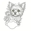A sketch style tattoo of a yorkie dog sitting on a mountain peak surrounded by roses and butterflies tattoo design idea