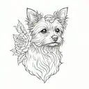 A sketch style tattoo of a yorkie dog sitting on a mountain peak surrounded by roses and butterflies tattoo design idea