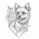 A sketch style tattoo of a yorkie dog sitting on a mountain peak surrounded by roses and butterflies tattoo design idea