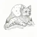 A sketch style tattoo of a yorkie dog peacefully sleeping under a starlit sky in the mountains tattoo design idea