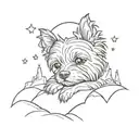 A sketch style tattoo of a yorkie dog peacefully sleeping under a starlit sky in the mountains tattoo design idea