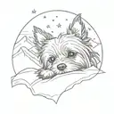 A sketch style tattoo of a yorkie dog peacefully sleeping under a starlit sky in the mountains tattoo design idea