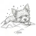A sketch style tattoo of a yorkie dog peacefully sleeping under a starlit sky in the mountains tattoo design idea