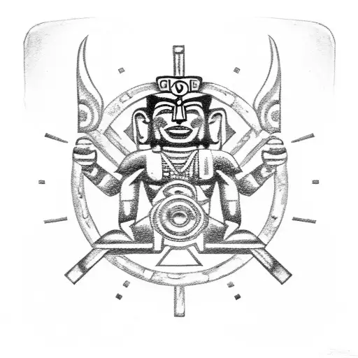 An Aztec god holding a mechanic's tool, surrounded by Aztec symbols, on the client's stomach tattoo design idea