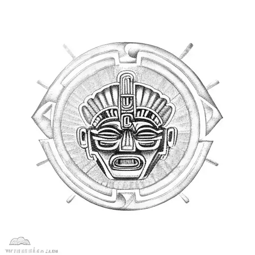 An Aztec god holding a mechanic's tool, surrounded by Aztec symbols, on the client's stomach tattoo design idea