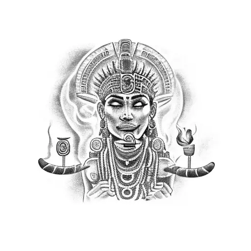 An Aztec goddess smoking a cigar, surrounded by jaguars, on the client's chest tattoo design idea