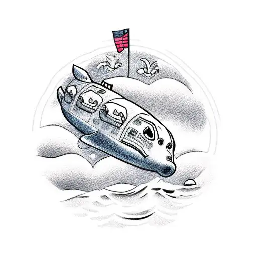 A traditional-style submarine surrounded by polar bears and turtles tattoo design idea