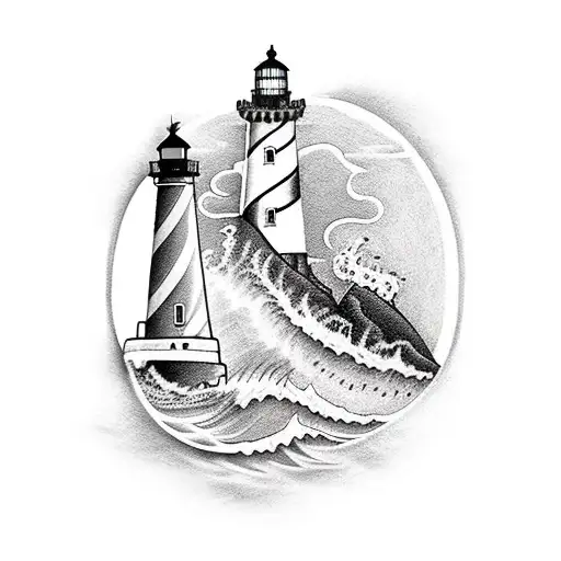 A blackwork tattoo of a lighthouse guiding polar bears and turtles safely through stormy seas tattoo design idea