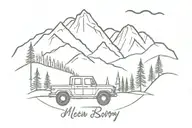 mountain scape and jeep grill with last name McElroy tattoo design idea
