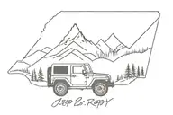 mountain scape and jeep grill with last name McElroy tattoo design idea