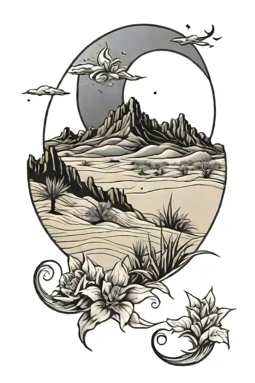 desert sand dunes with waning crescent moon and oasis with flowers tattoo design idea